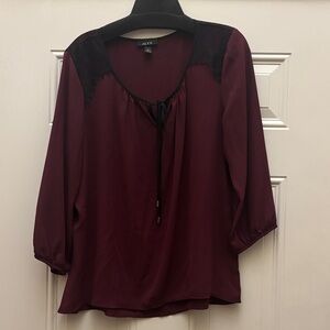 Alyx Rich Burgundy Blouse with Black lace Accents tie front xl
